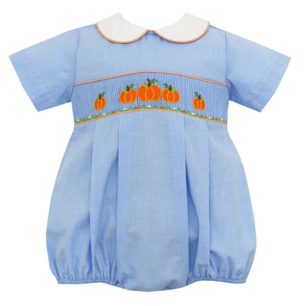 NWT Petit Bebe 24M Boys Hand Smocked Pumpkin Fall Blue and White Gingham Bubble